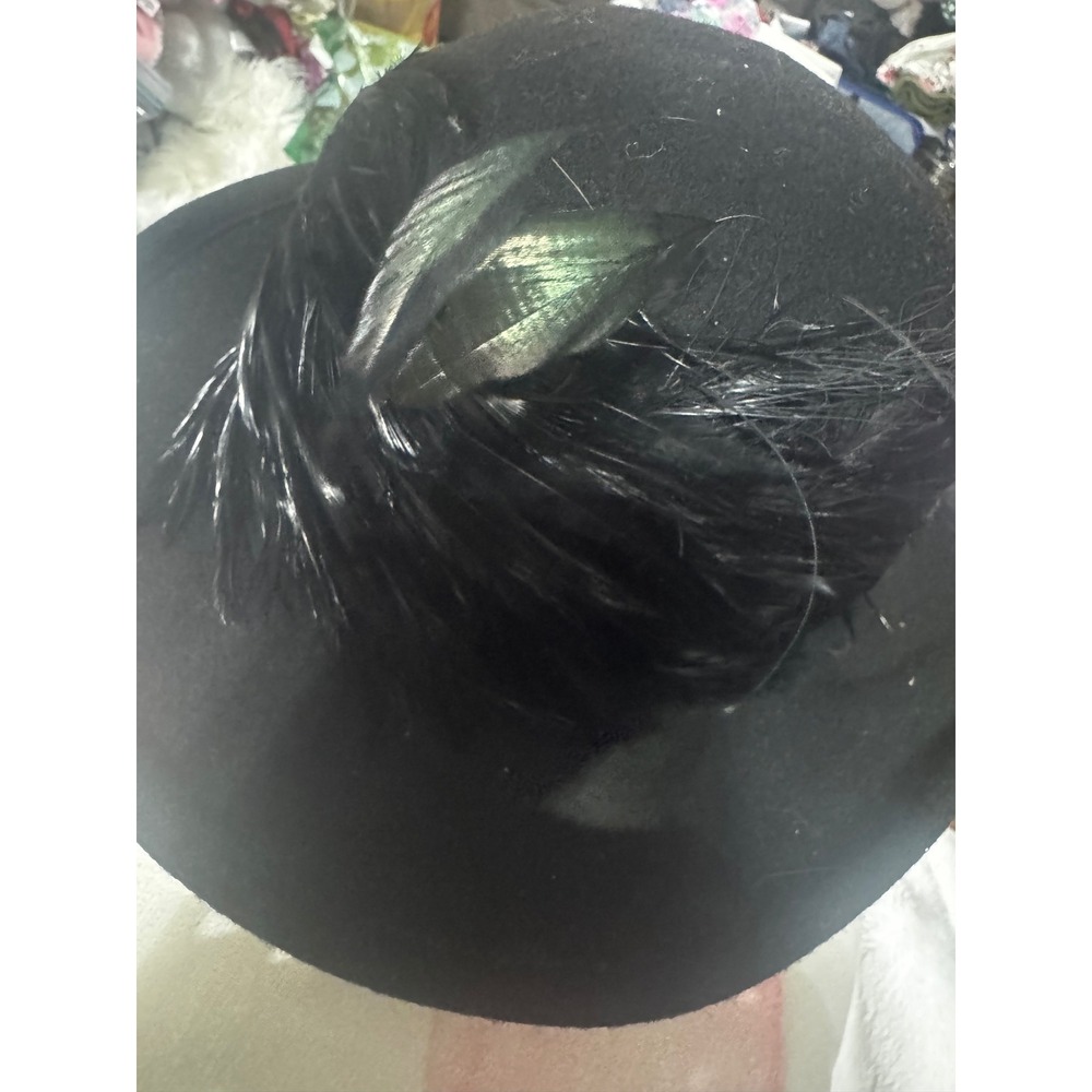 Cappelli Straworld Inc Black Wool Felt Feather Trim Dress Hat Womens Vintage - Picture 2 of 7